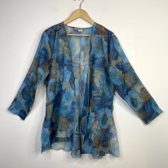 Vintage Dinah Lee Sheer Crinkle Flowy Long Open Floral Art To Wear Jacket M L - Picture 1 of 14